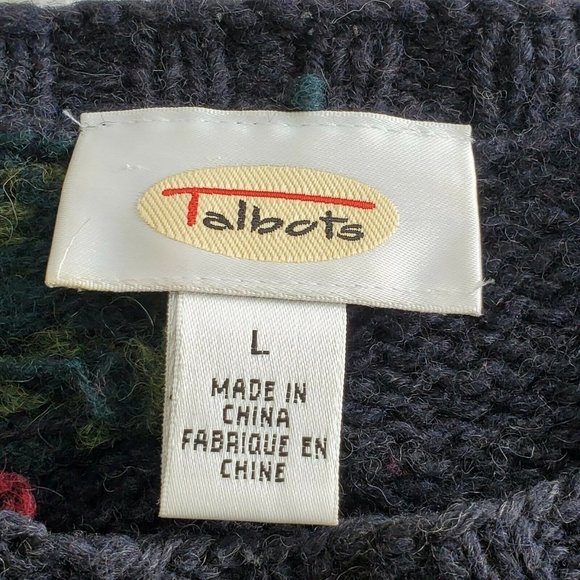 Vintage 90s Chunky 100% Wool Dark Gray Heart Sweater Holly Berries Sz Large - Picture 8 of 10